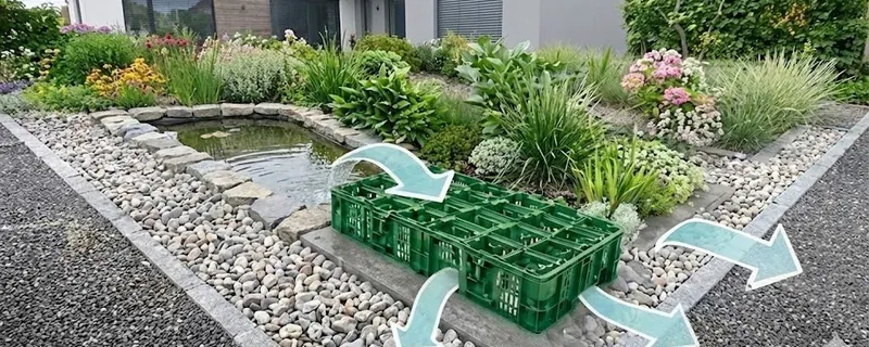 Faskine i grønne kassetter til nedsivning af regnvand i bed med sten og beplantning