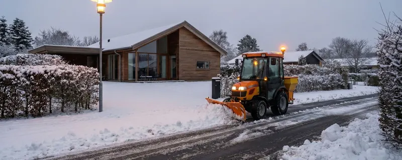 Traktor med sneplov rydder sne på villavej i vintervejr