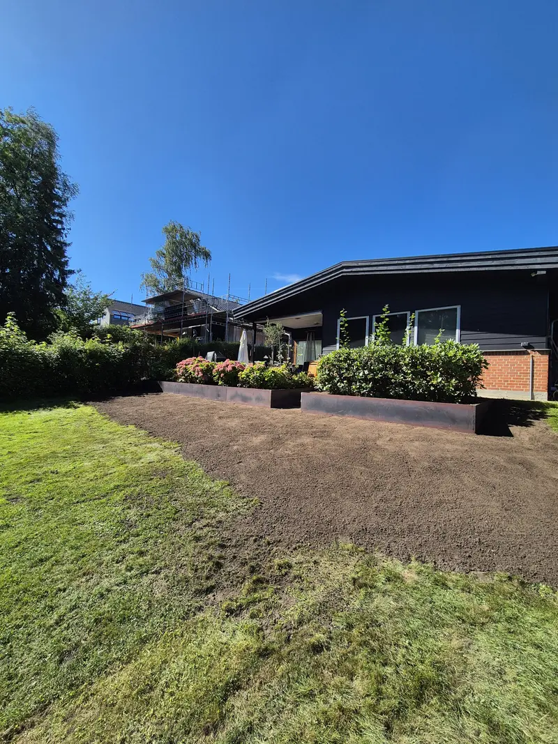 Komplet havedesign med terrasse, sti og beplantning